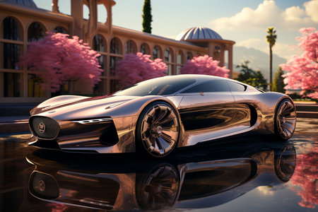 A futuristic luxury car driving through a pastel city at very soft light pastel pink crystal day, futuristic, future tech, made of liquid pastel light metal.AI Generative.の写真素材