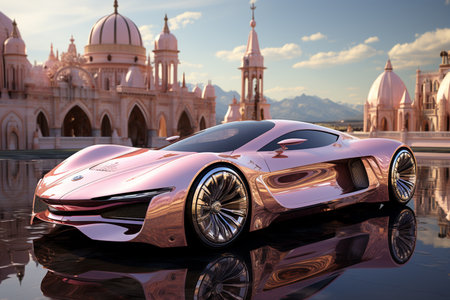 A futuristic luxury car driving through a pastel city at very soft light pastel pink crystal day, futuristic, future tech, made of liquid pastel light metal.AI Generative.の写真素材