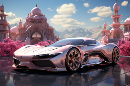 A futuristic luxury car driving through a pastel city at very soft light pastel pink crystal day, futuristic, future tech, made of liquid pastel light metal.AI Generative.の写真素材