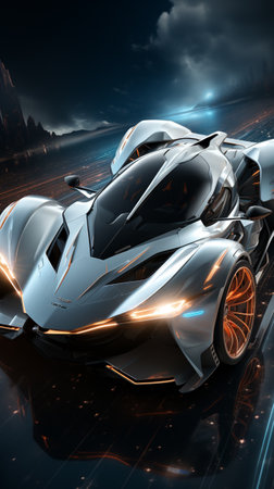 A futuristic luxury car driving through a night city, futuristic, future tech, made of liquid dark metal.AI Generative.の写真素材