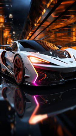 A futuristic luxury car driving through a night city, futuristic, future tech, made of liquid dark metal.AI Generative.の写真素材