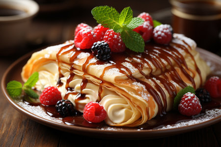 Close-up delicious pancakes with fresh rasberry and maple syrup on a dark background. Sweet maple syrup flows from a stack of pancake. AI Generative.の写真素材