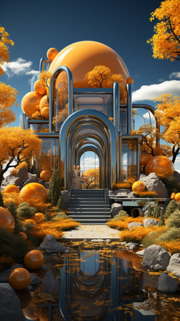 Halloween background with glass villa, pumkins, spooky forest with full moon. AI Generated.の写真素材