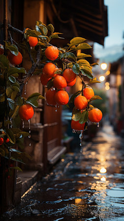 A huge lemon tree in the corner of the old village, rainy weather. AI Generative.の写真素材