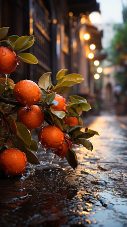 A huge lemon tree in the corner of the old village, rainy weather. AI Generative.の写真素材