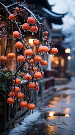 A huge tangerine tree in the corner of the old village with a lot of tangerines, snow winter weather. AI Generative.の写真素材