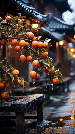 A huge orange tree in the corner of the old village with a lot of oranges, snow winter weather. AI Generative.の写真素材