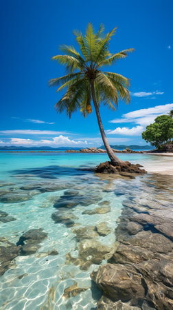 A huge cocoat palm tree in the corner of Maldives Islands. AI Generative.の写真素材