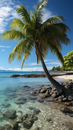 A huge cocoat palm tree in the corner of Maldives Islands. AI Generative.の写真素材