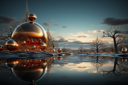 Futuristic hollidays background, red christmass decoration, evening, white snow in the mountain with decorative Christmas green trees and gifts inside, futuristic sky background. AI Generative.の写真素材