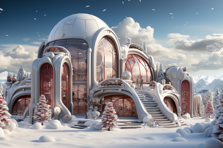 Futuristic beautiful hollidays, red christmass decoration, day time, white snow in the mountain with decorative Christmas trees and gifts inside, futuristic sky background. AI Generative.の写真素材