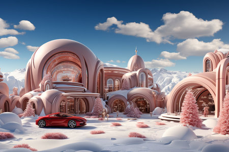 Futuristic beautiful hollidays, red christmass decoration, day time, white snow in the mountain with decorative Christmas trees and gifts inside, futuristic sky background. AI Generative.の写真素材