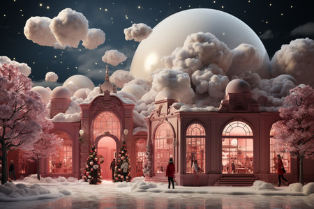 Futuristic beautiful hollidays, red christmass decoration, day time, white snow in the mountain with decorative Christmas trees and gifts inside, futuristic sky background. AI Generative.の写真素材