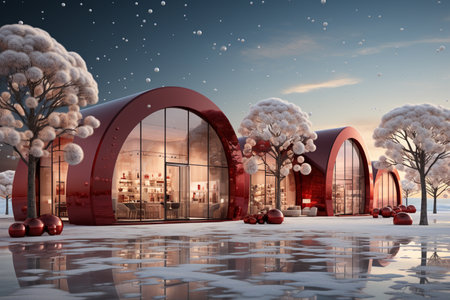 Futuristic beautiful hollidays, red christmass decoration, day time, white snow in the mountain with decorative Christmas trees and gifts inside, futuristic sky background. AI Generative.の写真素材