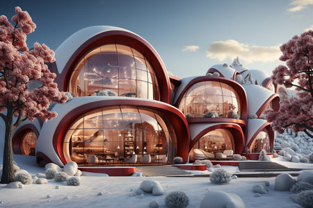Futuristic beautiful hollidays, red christmass decoration, day time, white snow in the mountain with decorative Christmas trees and gifts inside, futuristic sky background. AI Generative.の写真素材