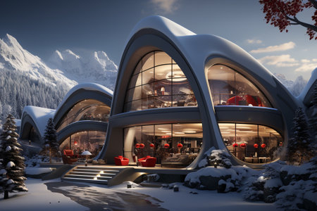 Futuristic beautiful hollidays, red christmass decoration, day time, white snow in the mountain with decorative Christmas trees and gifts inside, futuristic sky background. AI Generative.の写真素材