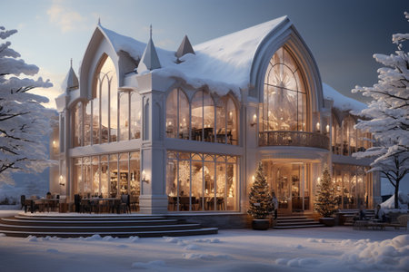 Futuristic beautiful hollidays, red christmass decoration, day time, white snow in the mountain with decorative Christmas trees and gifts inside, futuristic sky background. AI Generative.の写真素材