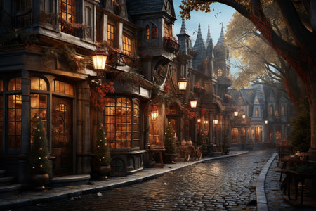 View of night old city in Middle Ages Europe, Christmas time. AI Generative.の写真素材