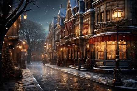 View of night old city in Middle Ages Europe, Christmas time. AI Generative.の写真素材