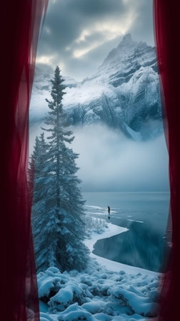 Winter snow landscape with forest reflection in the lake, evening winter season. AI Generative.の写真素材