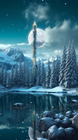 Winter snow landscape with forest reflection in the lake, evening winter season. AI Generative.の写真素材