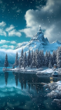 Winter snow landscape with forest reflection in the lake, evening winter season. AI Generative.の写真素材