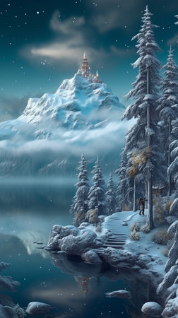 Winter snow landscape with forest reflection in the lake, evening winter season. AI Generative.の写真素材