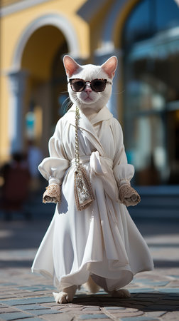 White cat, standing exterior, dressed in a long beautiful dress, wearing trendy glasses, shop background, bag, detailed costumes dress, classic composition. AI Generative.の写真素材
