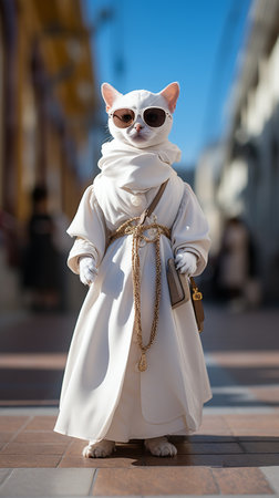 White cat, standing exterior, dressed in a long beautiful dress, wearing trendy glasses, shop background, bag, detailed costumes dress, classic composition. AI Generative.の写真素材