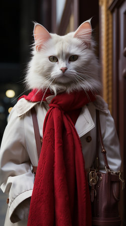 White cat, standing exterior, dressed in a long beautiful red dress, wearing trendy glasses, shop background, bag, detailed costumes dress, classic composition. AI Generative.の写真素材