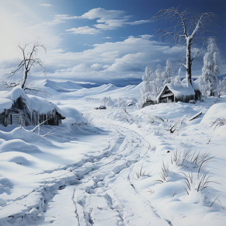 Heavy huge snow road through beautiful frozen forest with snow. AI Generative.の写真素材
