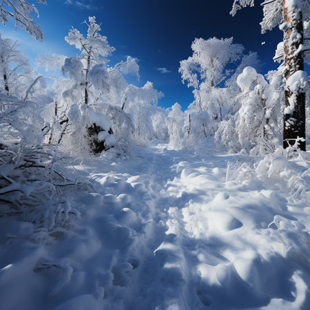 Heavy huge snow road through beautiful frozen forest with snow. AI Generative.の写真素材
