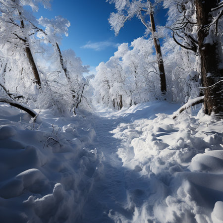 Heavy huge snow road through beautiful frozen forest with snow. AI Generative.の写真素材