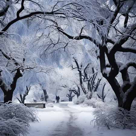 Heavy huge snow road through beautiful frozen forest with snow. AI Generative.