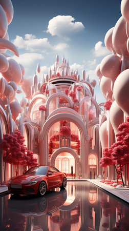 Futuristic shopping center in form of a ball sphere, christmas decoration, red futuristic sport car, snow and space planet background. AI Generative.の写真素材