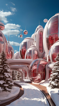 Futuristic shopping center in form of a ball sphere, christmas decoration, snow and space planet background. AI Generative.の写真素材