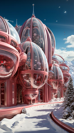 Futuristic shopping center in form of a ball sphere, christmas decoration, snow and space planet background. AI Generative.の写真素材
