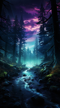 Aurora borealis northern lights over snowy mountains with stars in the night forest. AI Generative.の写真素材