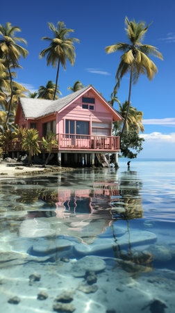 Bungalow in the beach with white sand with a huge cocoat palm tree in the corner of Maldives Islands. AI Generative.の写真素材