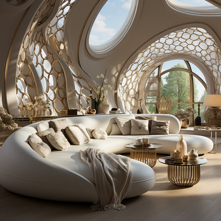 Futuristic apartment, interior design, French-inspired light style, with beige white as the main...