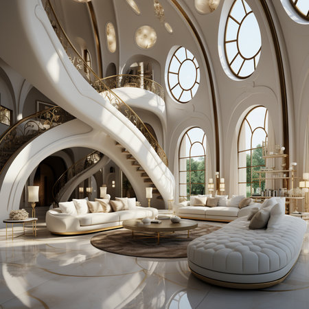 Futuristic apartment, interior design, French-inspired light style, with beige white as the main color tone. AI Generative.の写真素材