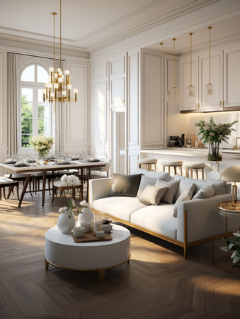 Trendy interior design spacious bright studio apartment, warm pastel white and beige colors. Modern furniture in the living and kitchen area. AI Generative.の写真素材