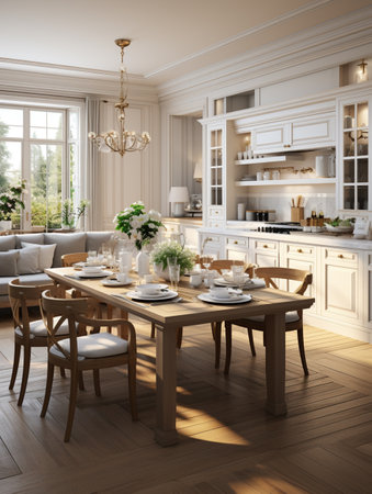 Trendy interior design spacious bright studio apartment, warm pastel white and beige colors. Modern furniture in the living and kitchen area. AI Generative.の写真素材
