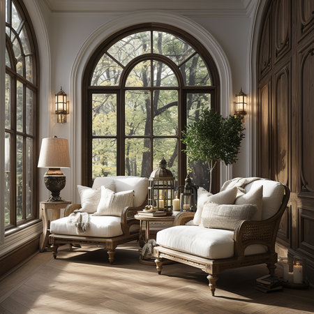 French style interior design, in New Luxury Home with Open Concept Floor Plan. Elegant Furniture with French Doors Leading to Deck, Green Terrace. AI Generative.の写真素材