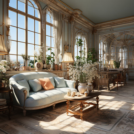 French style interior design, in New Luxury Home with Open Concept Floor Plan. Elegant Furniture with French Doors Leading to Deck, Green Terrace. AI Generative.の写真素材