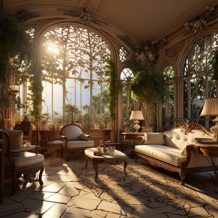 French style interior design, in New Luxury Home with Open Concept Floor Plan. Elegant Furniture with French Doors Leading to Deck, Green Terrace. AI Generative.の写真素材