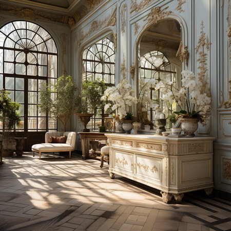 French style interior design, in New Luxury Home with Open Concept Floor Plan. Elegant Furniture with French Doors Leading to Deck, Green Terrace. AI Generative.の写真素材