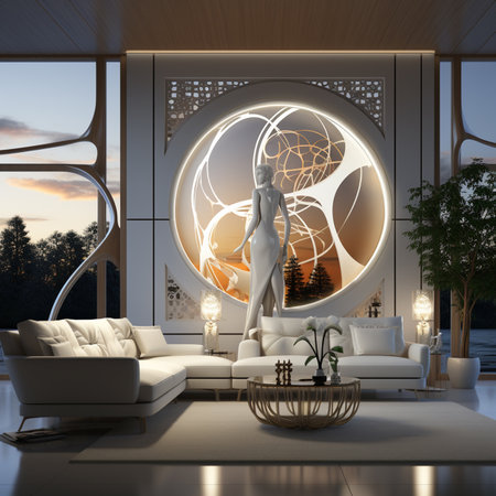 Futuristic apartment, interior design, evening time. French-inspired light style, with beige white as the main color tone. AI Generative.の写真素材