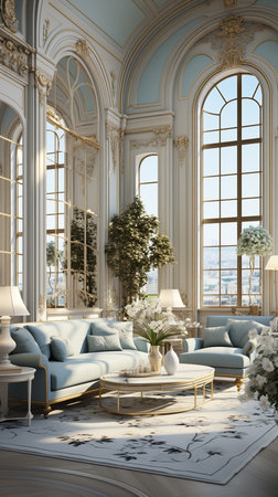 Romantic French style interior design, in New Luxury Home with Open Concept Floor Plan. Elegant Furniture with French Doors Leading to Deck, Green Terrace. AI Generative.の写真素材