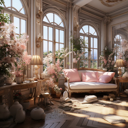 Romantic French style interior design, in New Luxury Home with Open Concept Floor Plan. Elegant Furniture with French Doors Leading to Deck, Green Terrace. AI Generative.の写真素材